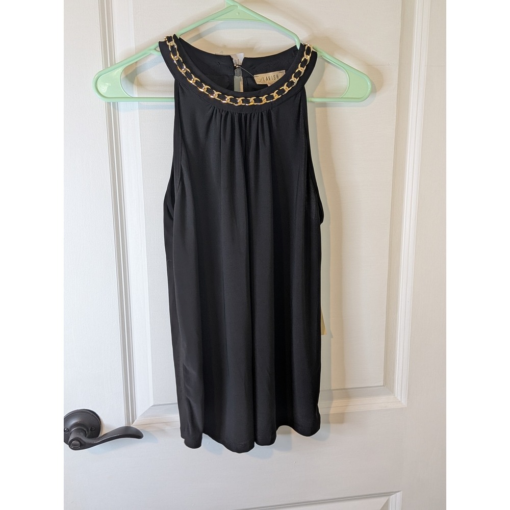 Lavish‎ Black Halter Blouse Gold Chain Link Neckline Sleeveless Top Medium NEW